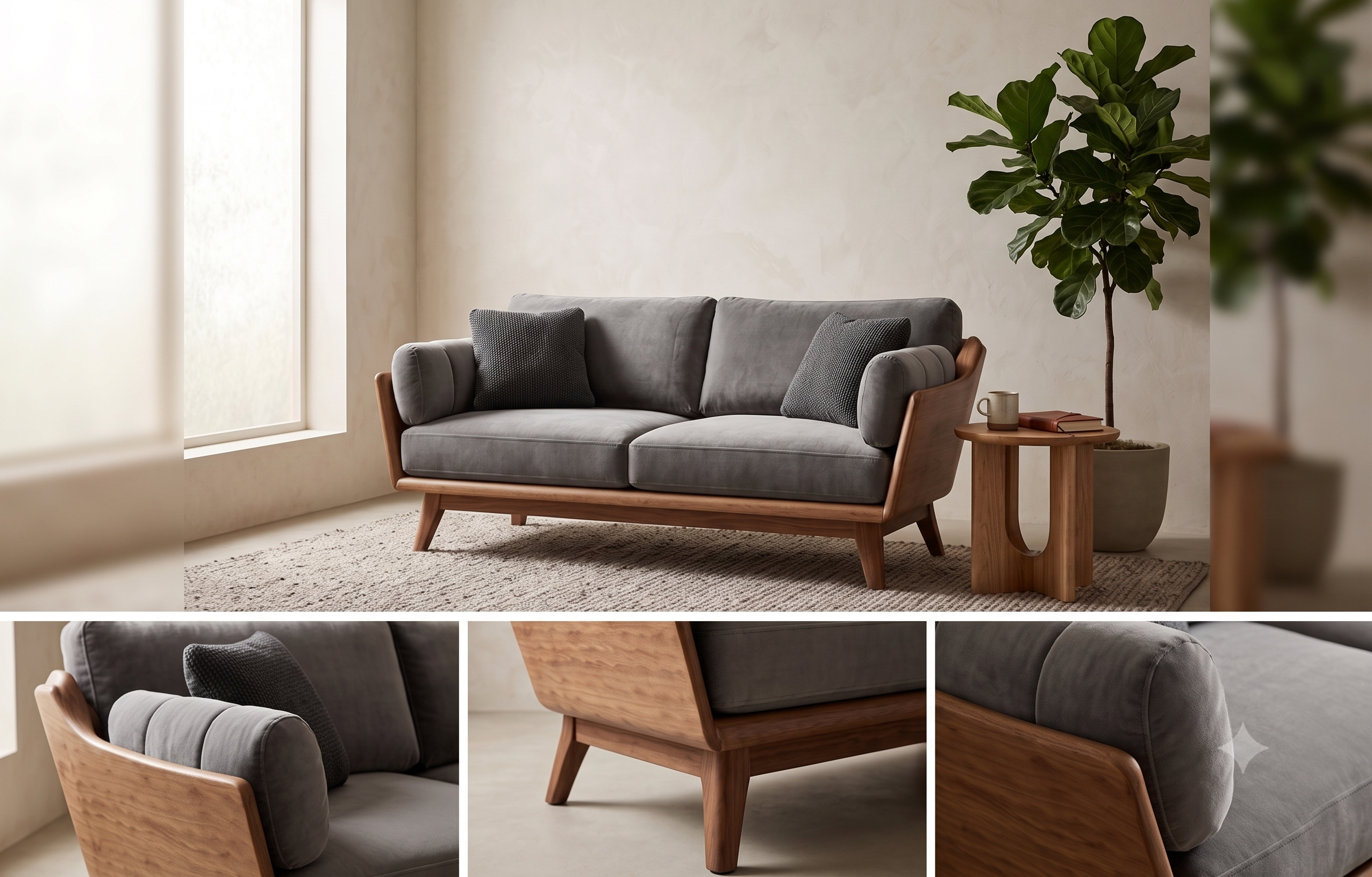 Scandinavian Style Grey & Wood Accent Sofa