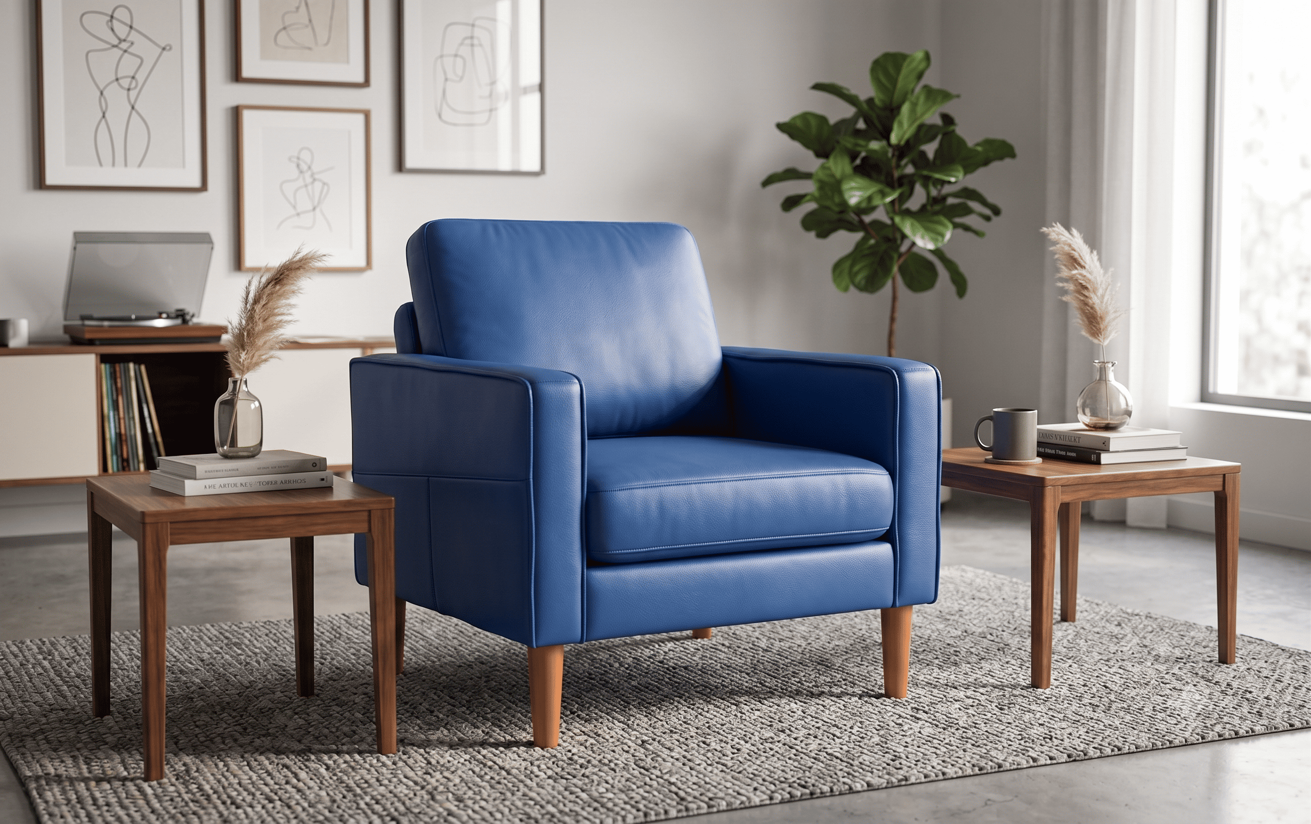 Modern Blue Leather Armchair – Mid-Century Accent Chair